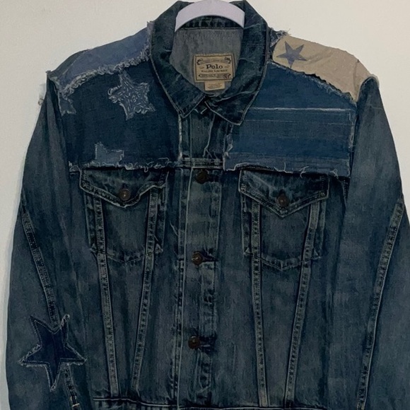 POLO RALPH LAUREN PATCHWORK STARS DENIM AMERICAN TRUCKER WOMENS JACKET XL EUC